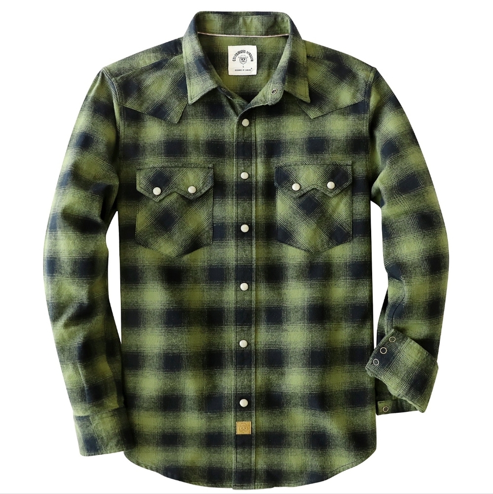 Dubinik® Green Flannel Shirt for Men Long Sleeve Snap Button Western
